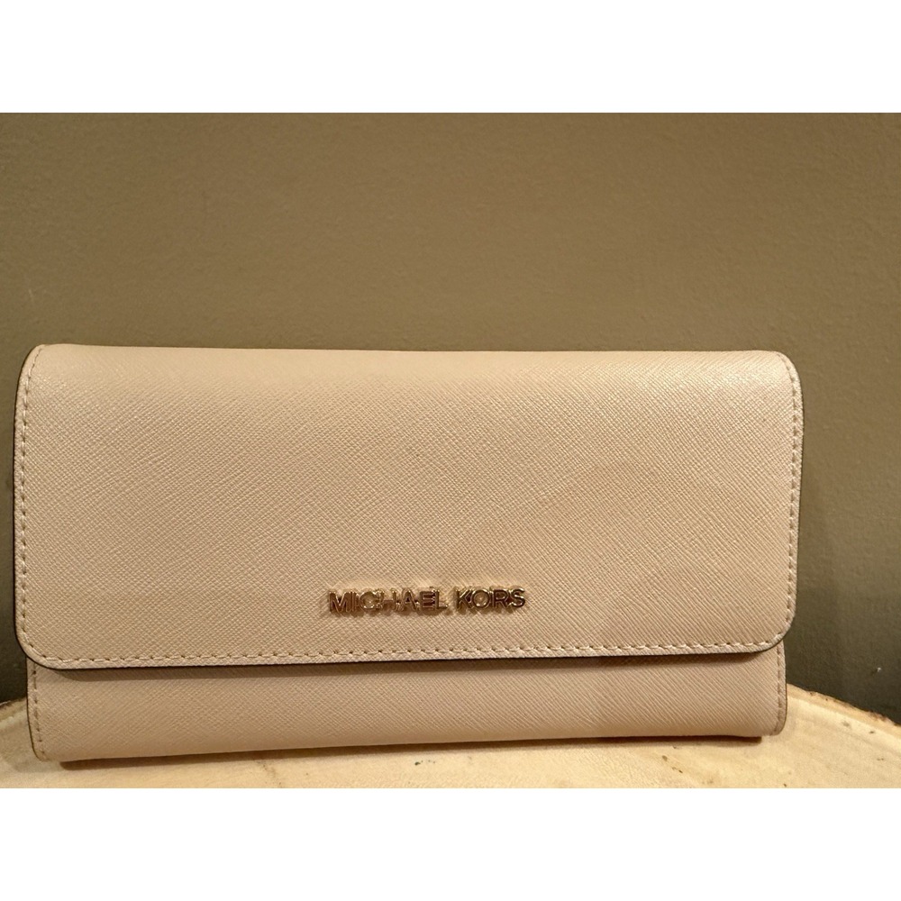 MICHAEL KORS JET SET TRAVEL LARGE TRIFOLD SAFFIANO LEATHER WALLET PINK BLUSH - Picture 3 of 9